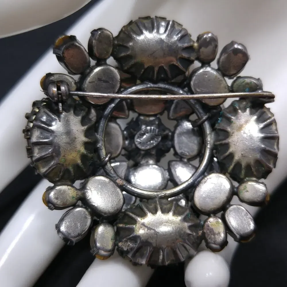 Austrian Brooch, Topaz Clear Rhinestones, Faux Baroque Pearls, 1950s Vintage